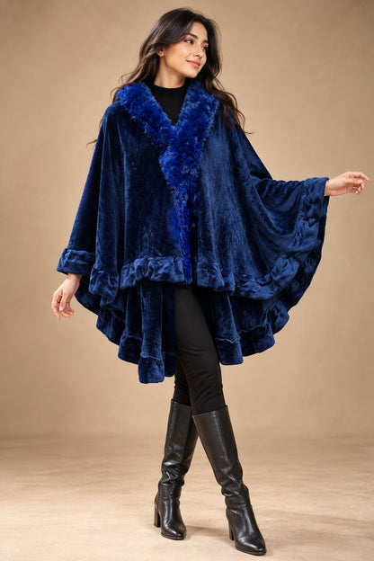Women's Sapphire Blue Velvet Plush Hooded Cape with Ruffled Hem