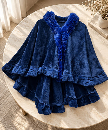 Women's Sapphire Blue Velvet Plush Hooded Cape with Ruffled Hem