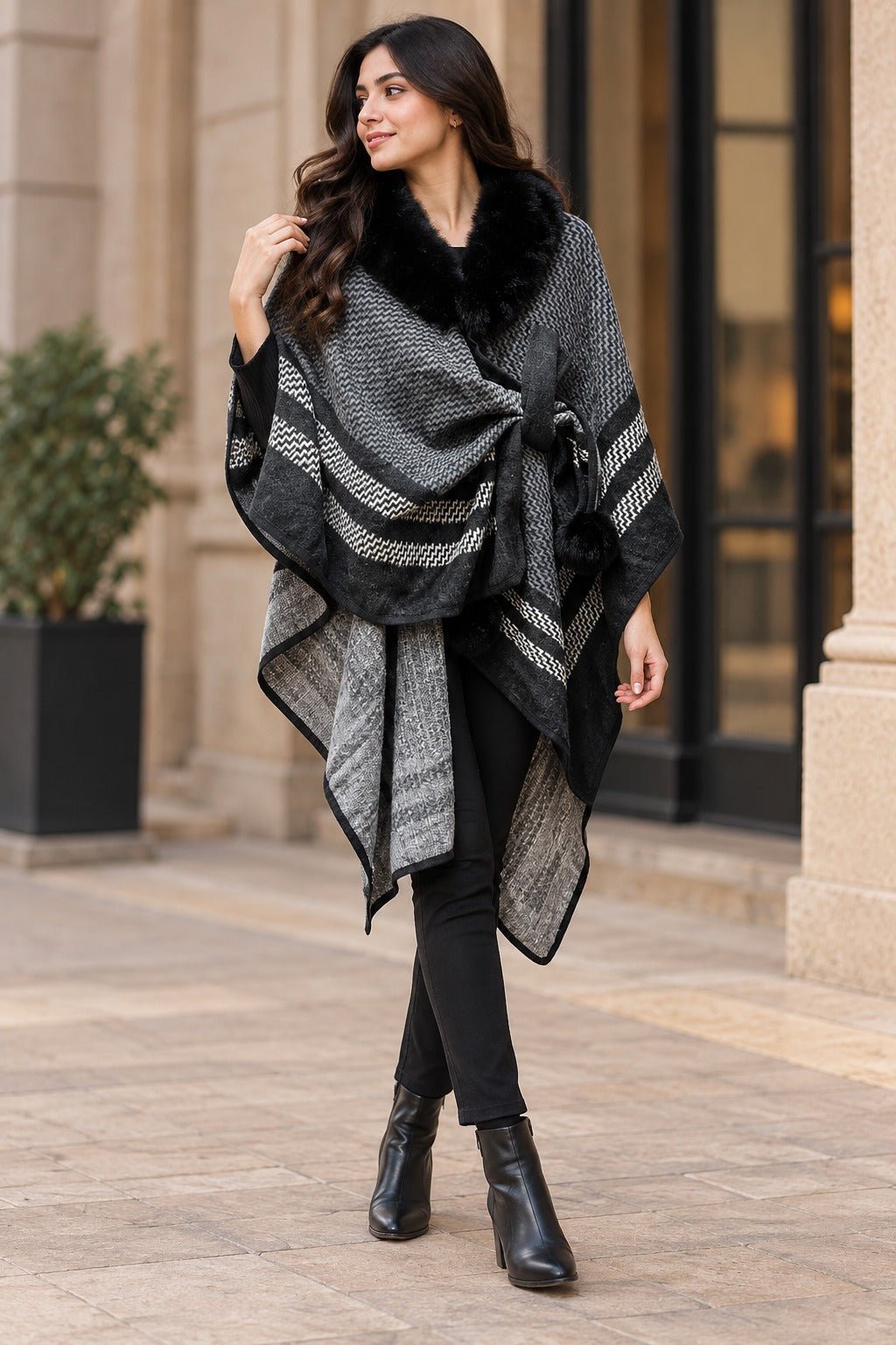 Women's Black & Charcoal Striped Aztec Jacquard Wrap Cape with Fur Collar