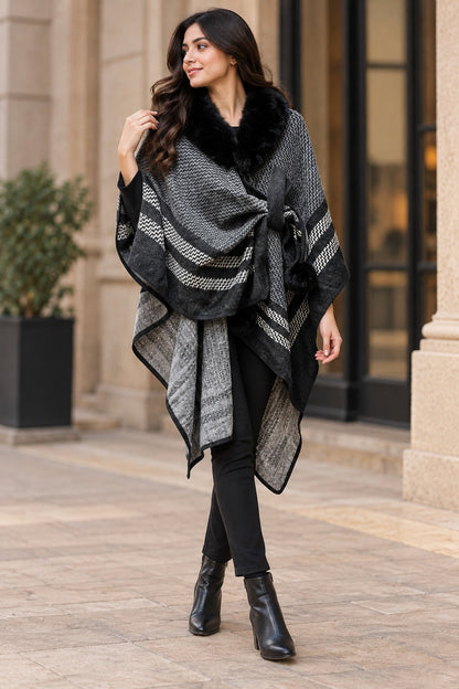 Women's Black & Charcoal Striped Aztec Jacquard Wrap Cape with Fur Collar