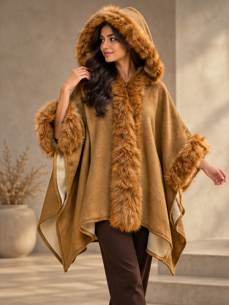 Women's Warm Caramel Hooded Fur Cape with Cuffs