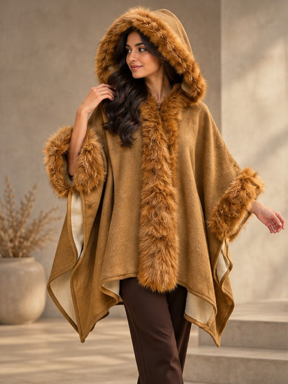 Women's Warm Caramel Hooded Fur Cape with Cuffs
