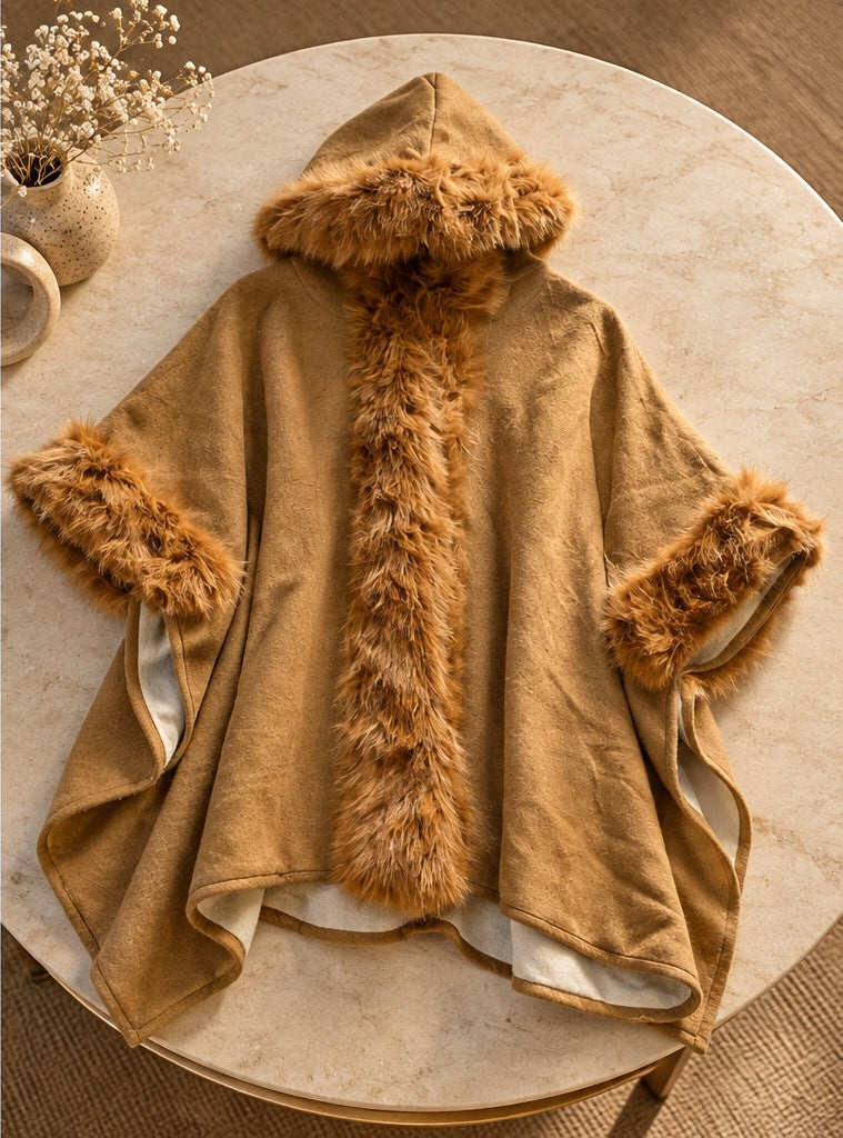 Women's Warm Caramel Hooded Fur Cape with Cuffs