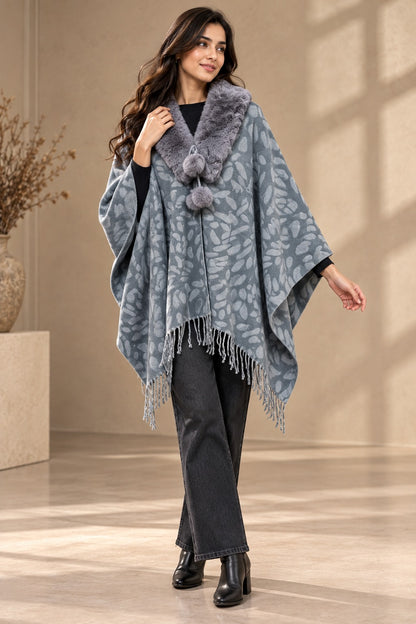 Women's Slate Grey Paisley Damask Jacquard Knit Poncho with Fur Collar