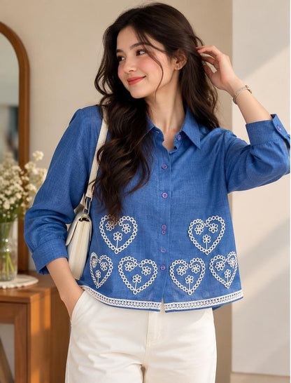 Women’s Blue Embroidered Heart Shirt