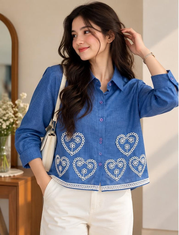Women’s Blue Embroidered Heart Shirt