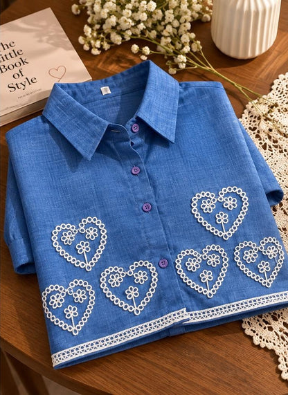 Women’s Blue Embroidered Heart Shirt