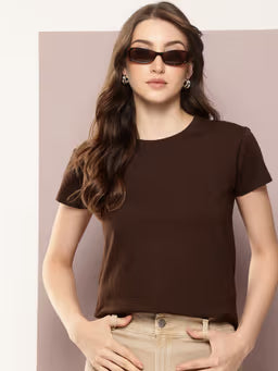 Women Regular Fit Plain Brown T-Shirt