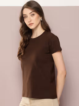Women Regular Fit Plain Brown T-Shirt