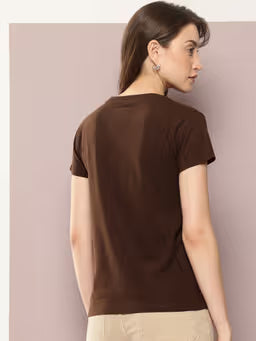 Women Regular Fit Plain Brown T-Shirt