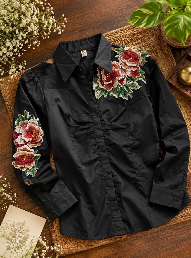 Women’s Black Floral Embroidered Shirt