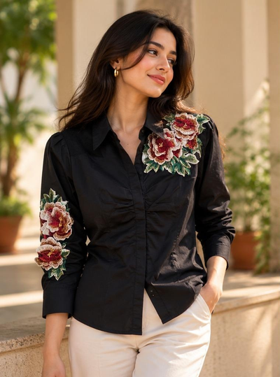Women’s Black Floral Embroidered Shirt