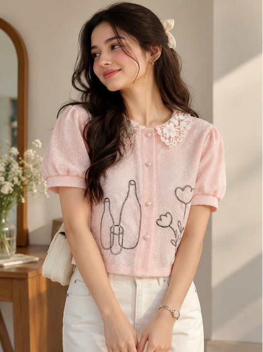 Women’s Light Pink Embroidered Top with Lace Collar