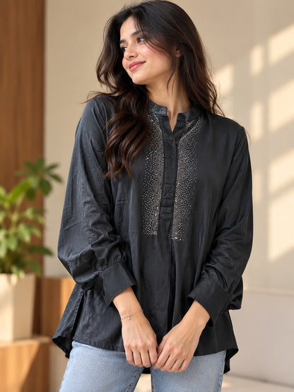 Women's Black Pleated Bib Long Sleeve Shirt with Pintuck Detail