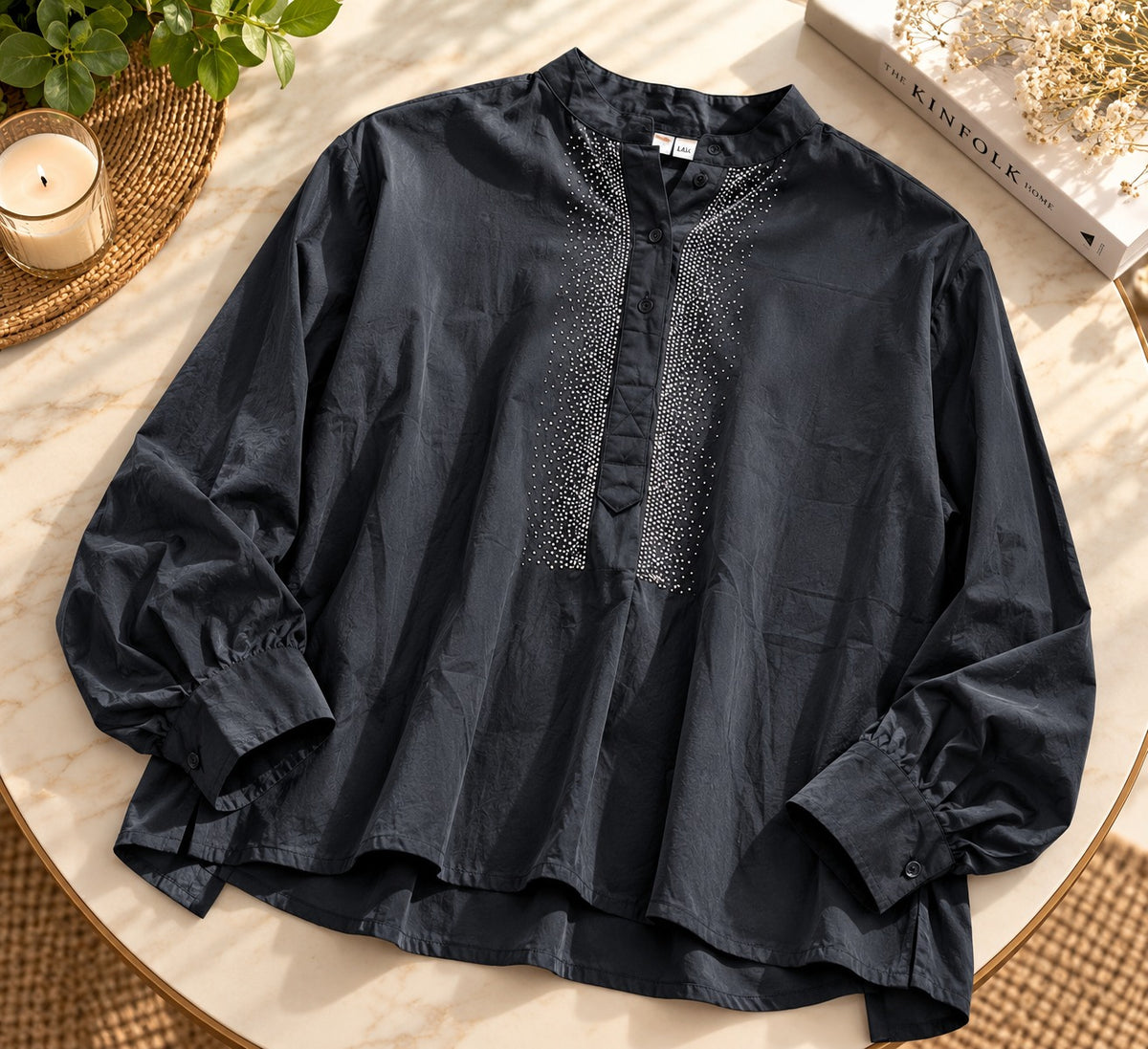 Women's Black Pleated Bib Long Sleeve Shirt with Pintuck Detail