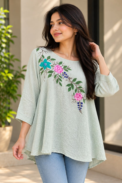 Women's Mint Green Floral Embroidered Crinkle Crepe Peplum Top