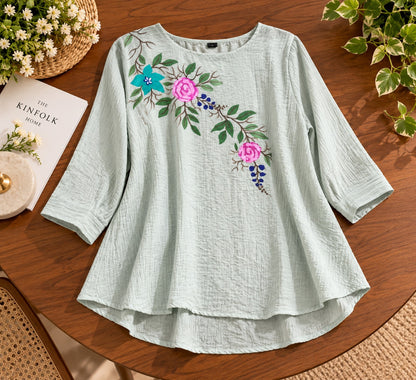 Women's Mint Green Floral Embroidered Crinkle Crepe Peplum Top