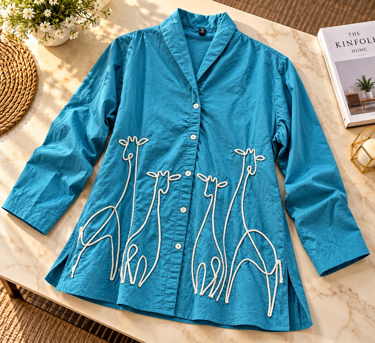 Women's Teal Blue Giraffe Line Embroidery Button-Down Shirt