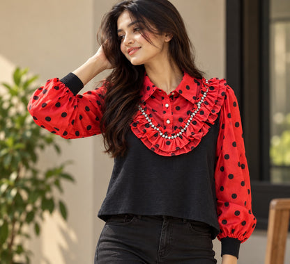 Women's Black & Red Polka Dot Ruffled Statement Collar Blouse