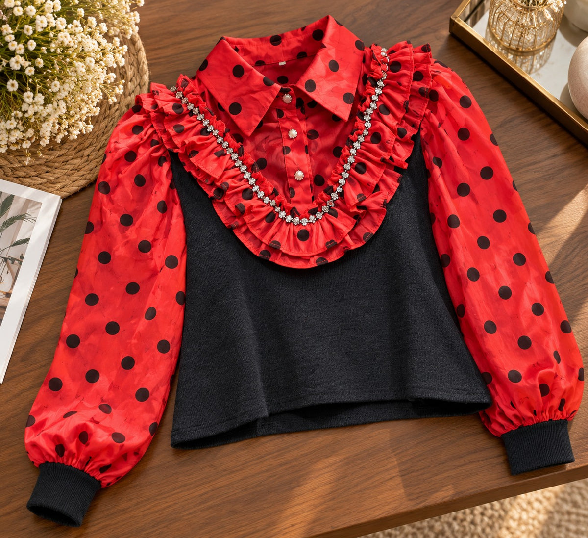 Women's Black & Red Polka Dot Ruffled Statement Collar Blouse