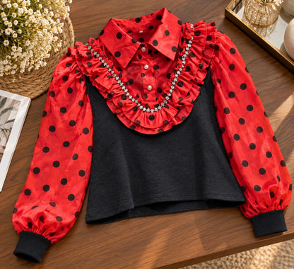 Women's Black & Red Polka Dot Ruffled Statement Collar Blouse