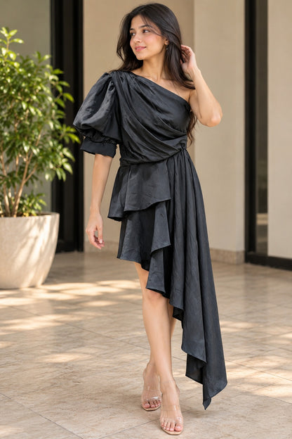 Women's Charcoal Black One-Shoulder Draped Ruffle Asymmetric Tunic