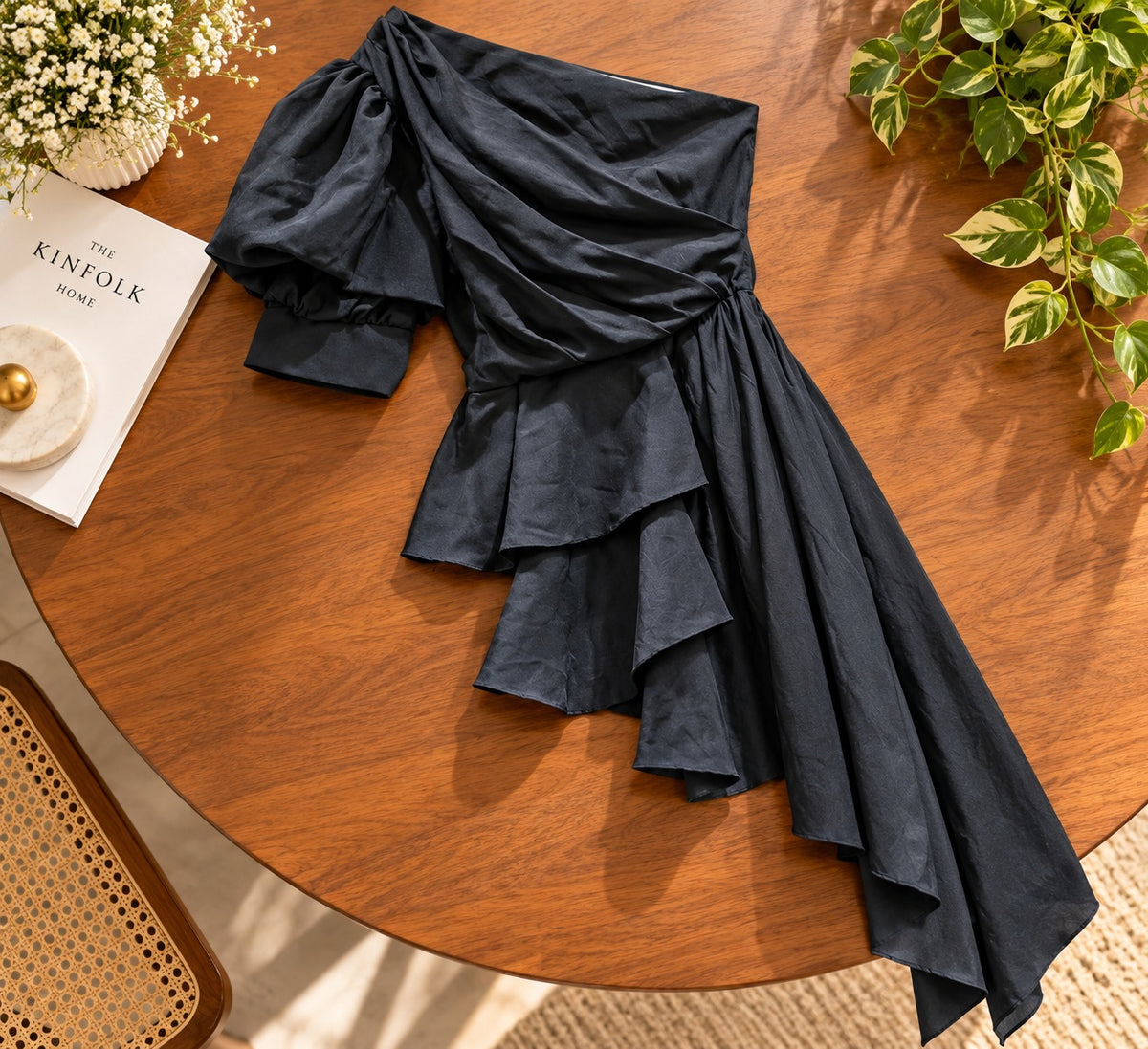 Women's Charcoal Black One-Shoulder Draped Ruffle Asymmetric Tunic