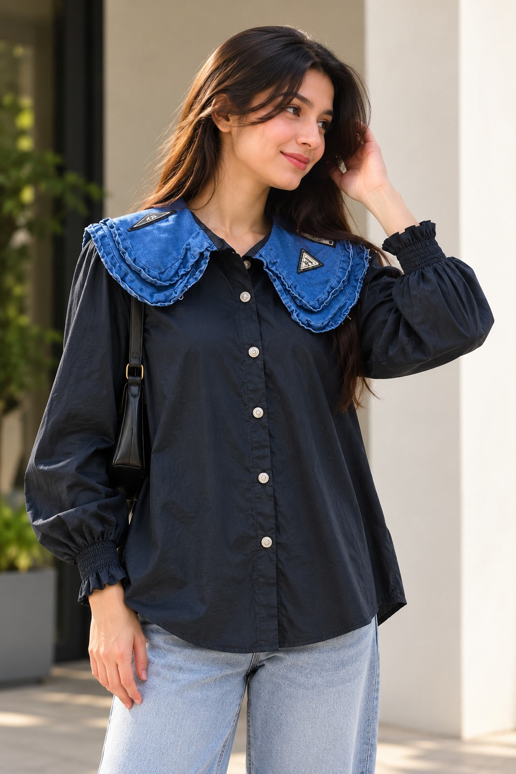 Women's Black Button-Down Shirt with Denim Scalloped Peter Pan Collar
