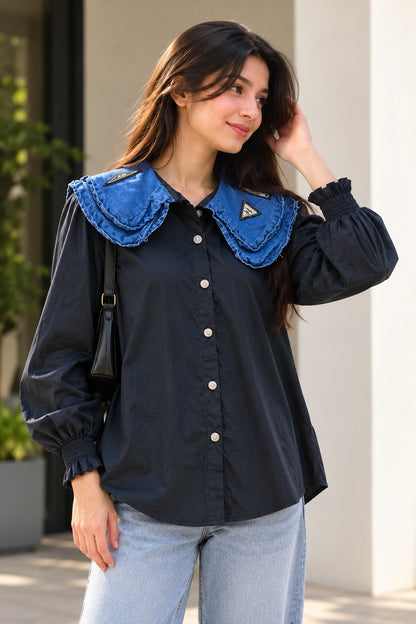 Women's Black Button-Down Shirt with Denim Scalloped Peter Pan Collar