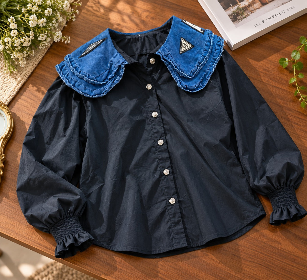 Women's Black Button-Down Shirt with Denim Scalloped Peter Pan Collar