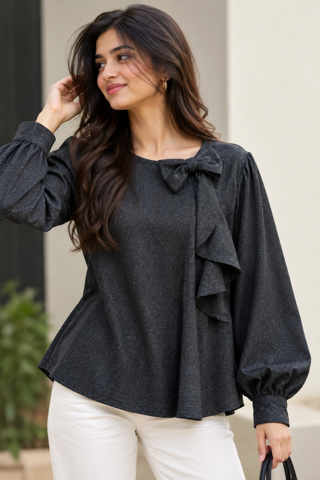 Women's Charcoal Polka Dot Tie-Neck Blouse with Cascading Ruffle