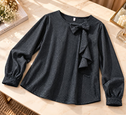 Women's Charcoal Polka Dot Tie-Neck Blouse with Cascading Ruffle