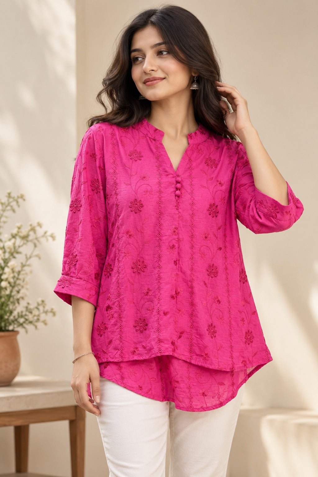 Women's Fuchsia Hot Pink Floral Embroidered Crinkle Crepe Top