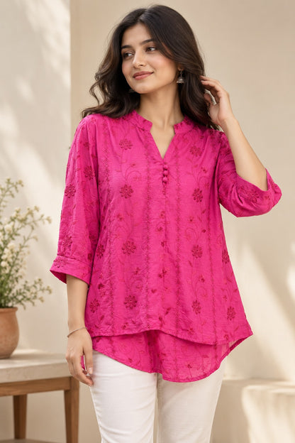 Women's Fuchsia Hot Pink Floral Embroidered Crinkle Crepe Top