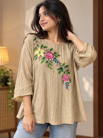 Women's Warm Beige Floral Embroidered Crinkle Crepe Tunic Top
