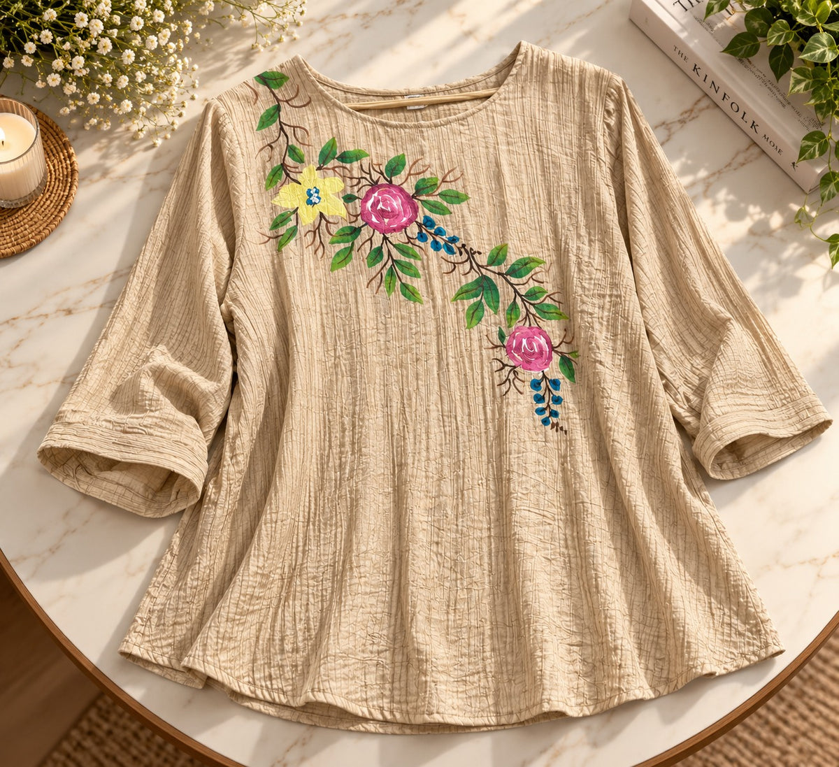 Women's Warm Beige Floral Embroidered Crinkle Crepe Tunic Top
