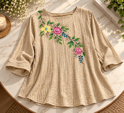 Women's Warm Beige Floral Embroidered Crinkle Crepe Tunic Top
