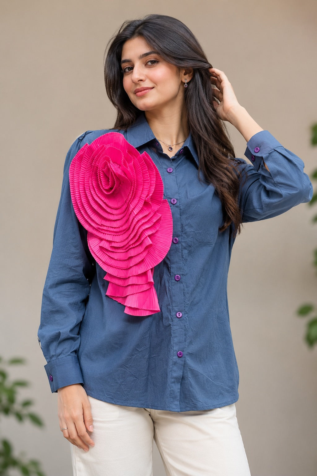 Women's Denim Blue Button-Down Shirt with 3D Hot Pink Rosette Applique