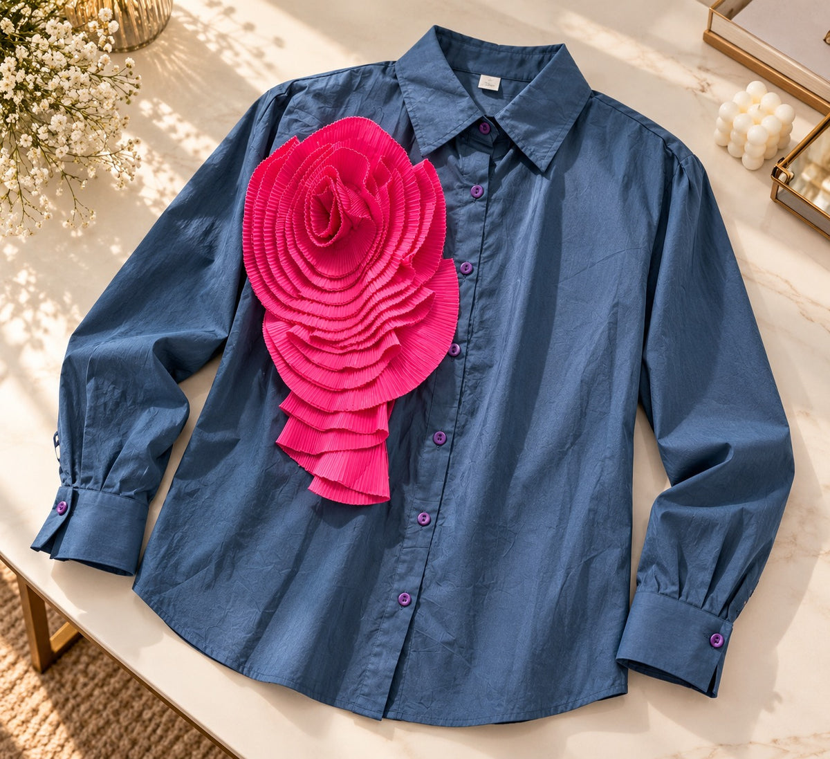 Women's Denim Blue Button-Down Shirt with 3D Hot Pink Rosette Applique