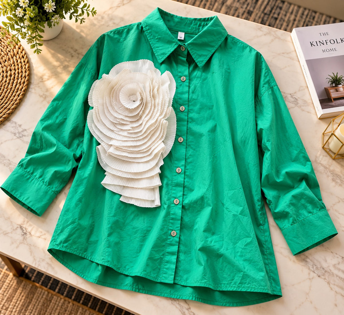 Women's Emerald Green Button-Down Shirt with 3D White Rosette Applique