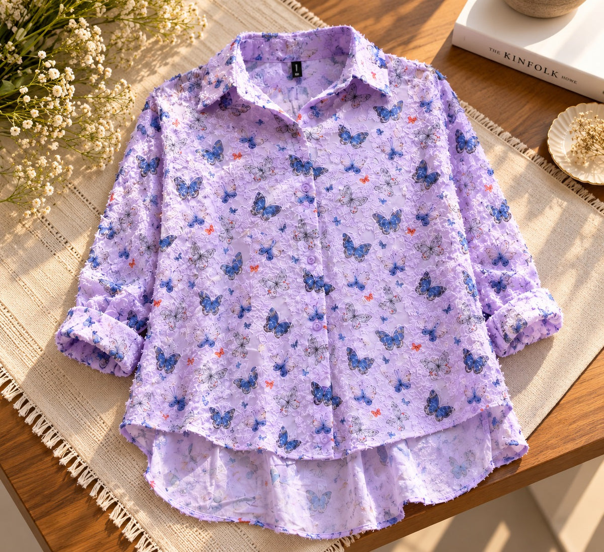 Women's Lilac Purple Butterfly Print High-Low Button-Down Shirt