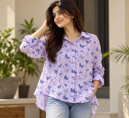 Women's Lilac Purple Butterfly Print High-Low Button-Down Shirt