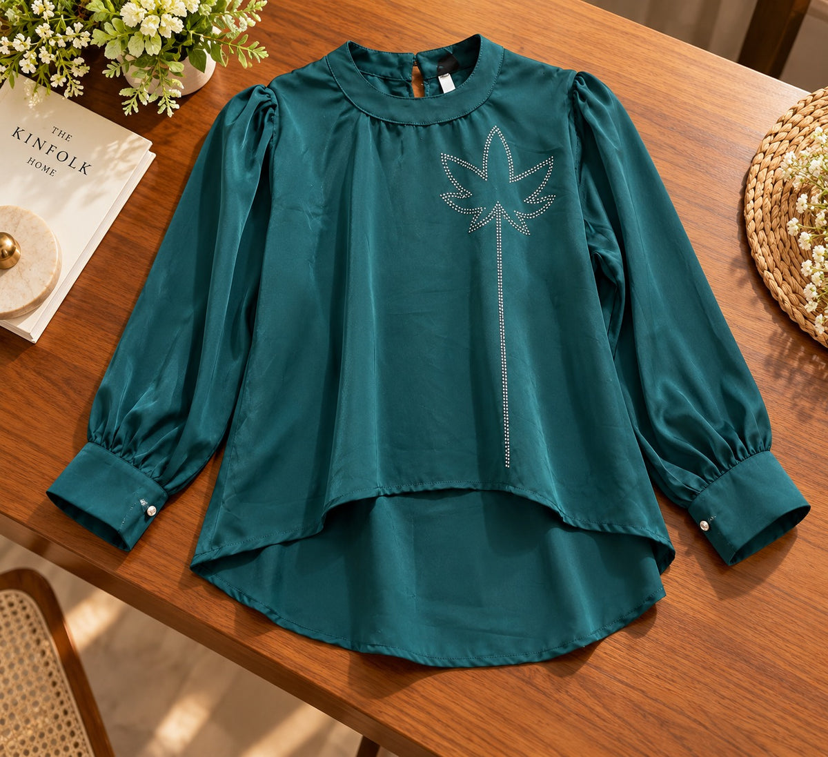 Women's Emerald Teal Silky Satin Blouse with Leaf Embroidery