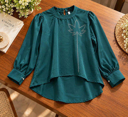 Women's Emerald Teal Silky Satin Blouse with Leaf Embroidery