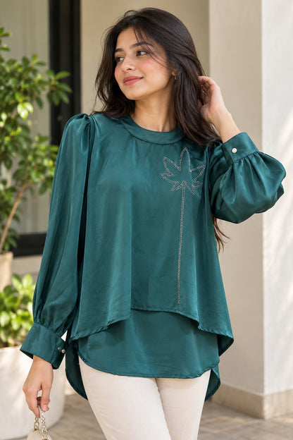Women's Emerald Teal Silky Satin Blouse with Leaf Embroidery