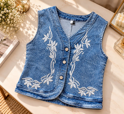 Women's Vintage Washed Denim Waistcoat Vest with White Floral Embroidery