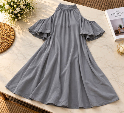 Women's Slate Grey Cold-Shoulder Tiered Maxi Dress with Flounce Ruffles