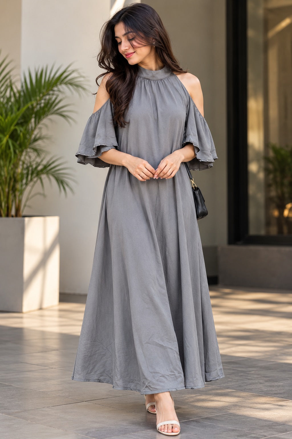 Women's Slate Grey Cold-Shoulder Tiered Maxi Dress with Flounce Ruffles