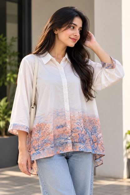Women's White & Peach Ombre Baroque Border Print Button-Down Shirt