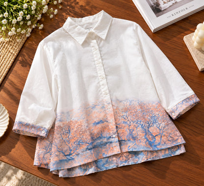 Women's White & Peach Ombre Baroque Border Print Button-Down Shirt